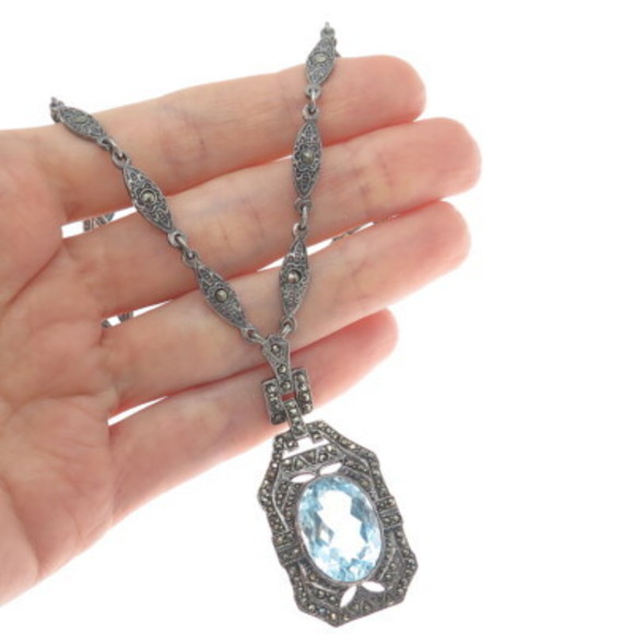 925 Sterling Silver Vintage Real Blue Topaz & Marcasite...